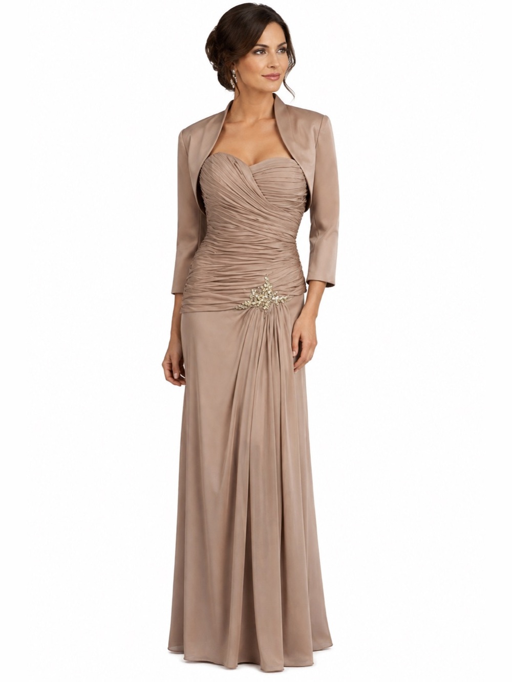 Franssical A-Line Ruched 2pcs Gown w/Bolero jacket tan color size 6